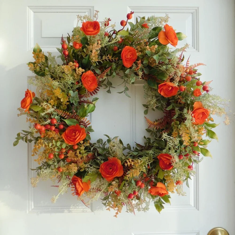 24 Inch Fall Wreath for Front Door, Orange Ranunculus Autumn Wreath Farmhouse